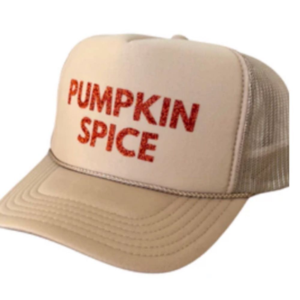 BRAND NEW Tan Snap Back Trucker Hat - Orange Glitter PUMPKIN SPICE Mesh Back